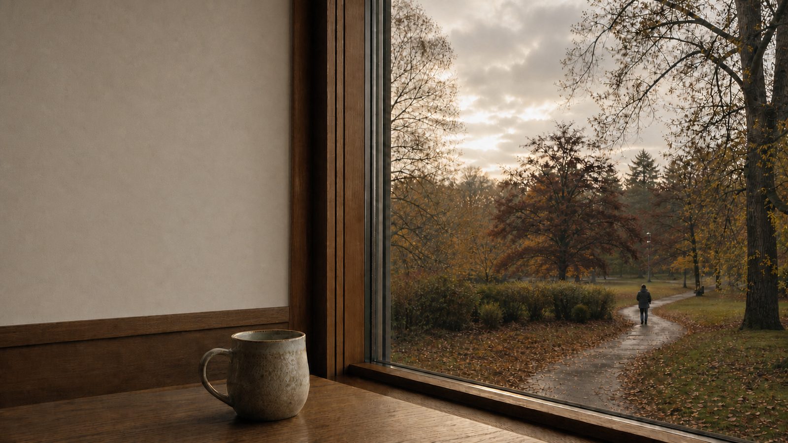Grief counseling in Montclair, NJ: a quiet window view of a rain-dampened autumn path