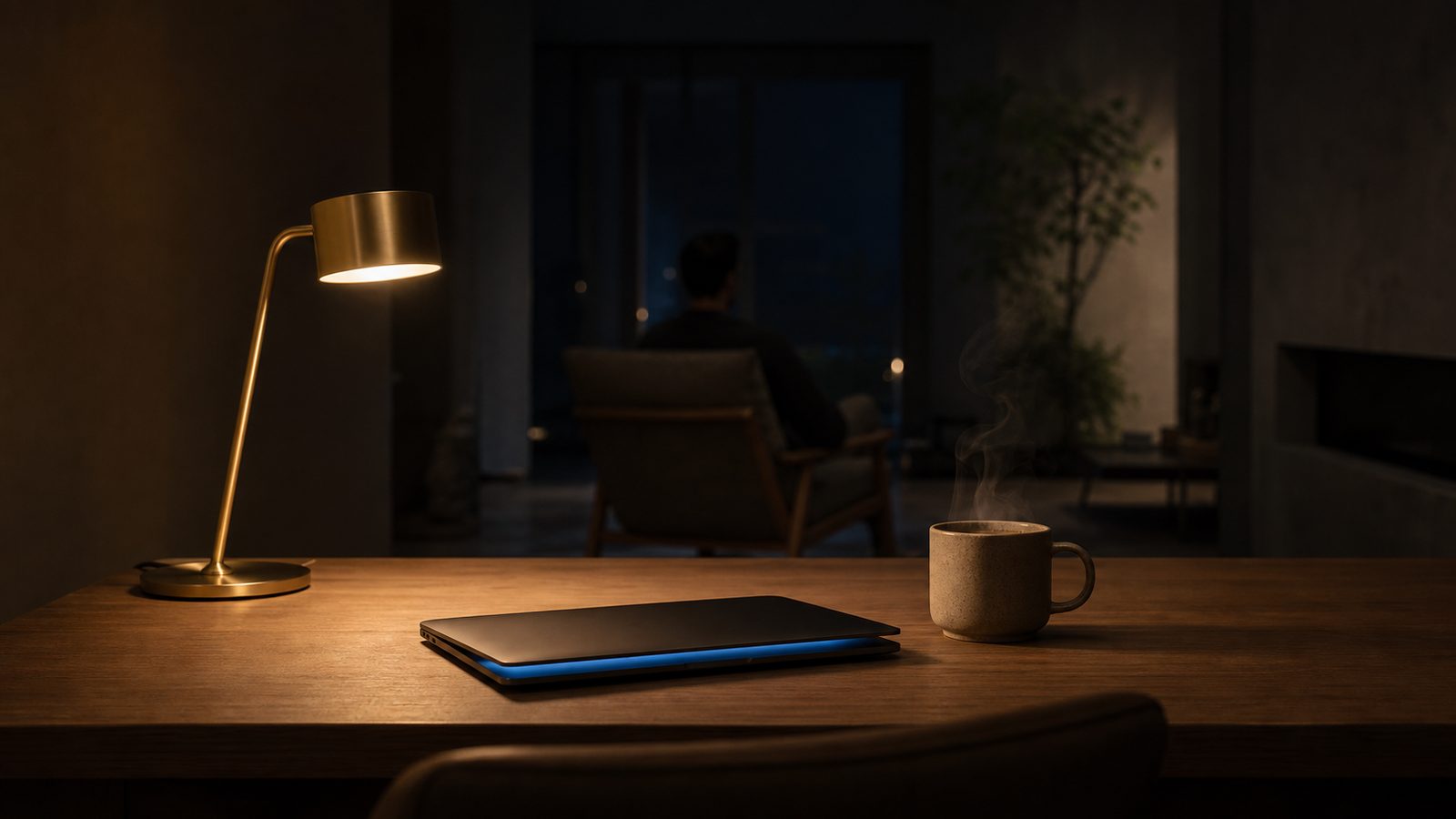 High-functioning anxiety and anxiety therapy in Montclair, NJ: a lit desk lamp, a closed laptop, and a person sitting awake by a window late at night