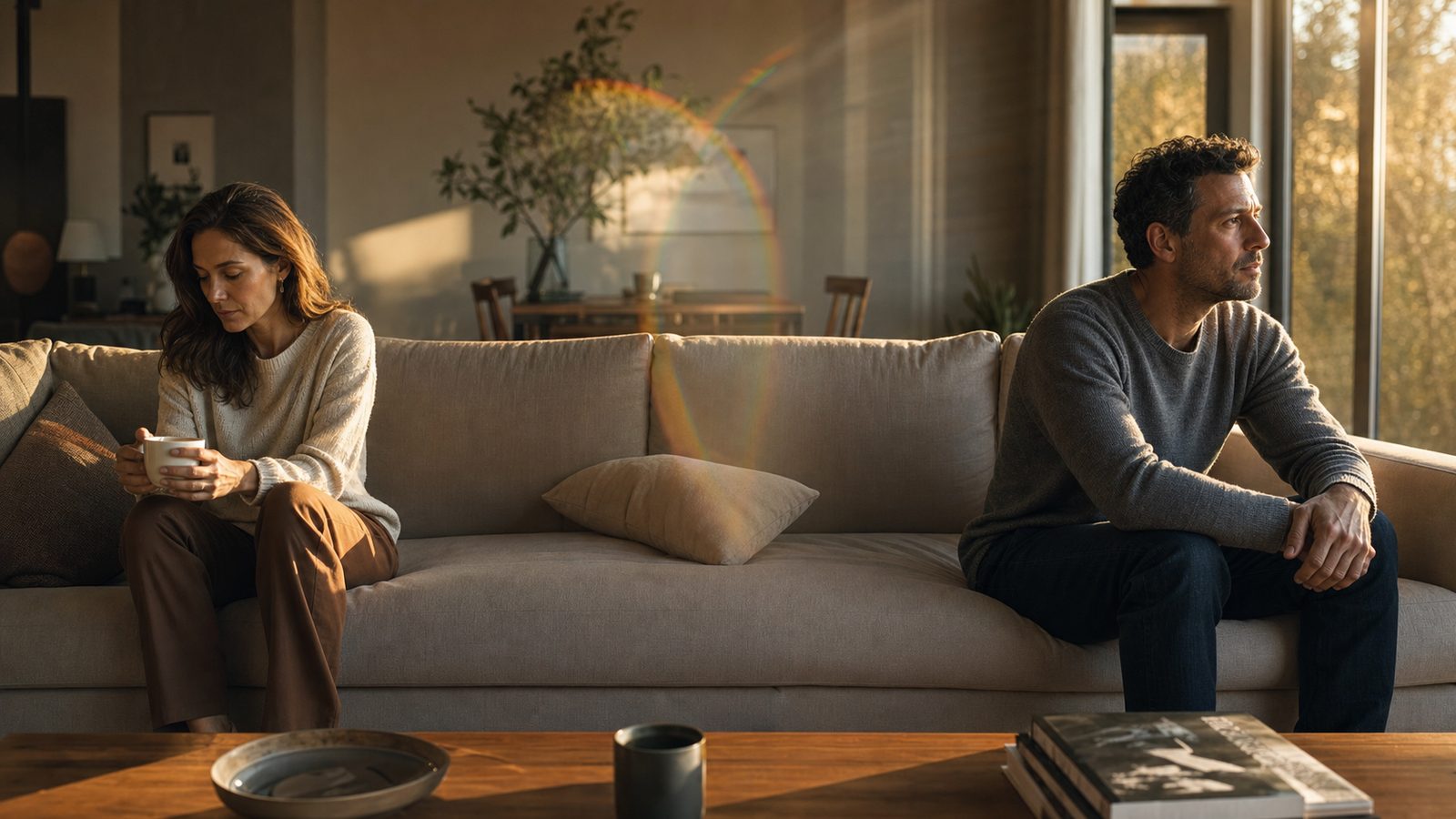 Couples counseling in Montclair, NJ: a couple sitting at opposite ends of a couch in afternoon light